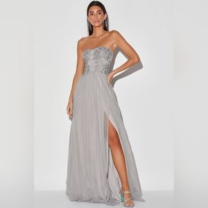NWOT size XS Lulu's Midnight Dreamer Grey Embroidered Strapless Maxi Dress